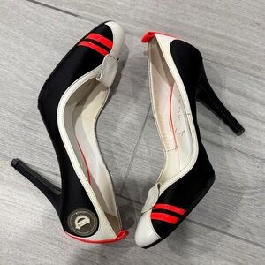 Casadei Black and White Heels with Red Stripes